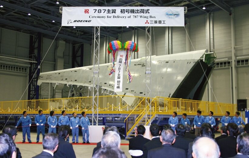 2007 年，在名古屋航空航天系統(tǒng)制造廠舉行了
波音787機型使用首架機翼出廠儀式
